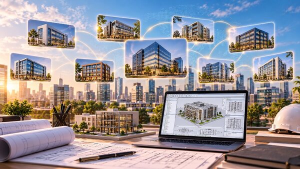 Illustration of building projects linked across a city skyline, with a Revit model open on a laptop