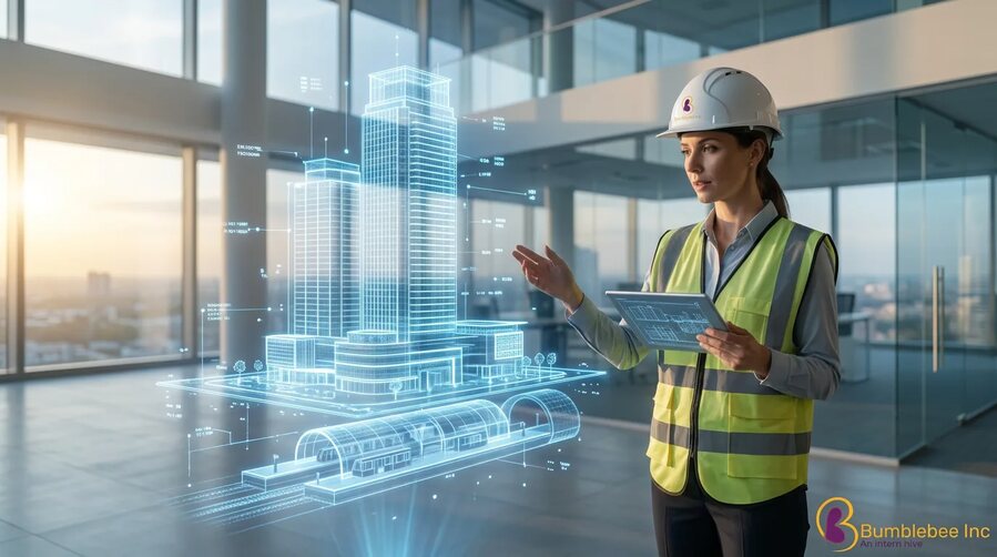Illustration of a civil engineer reviewing a large building model