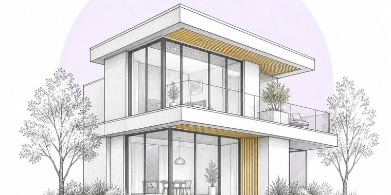 Illustration of a two-storey house drawn from an architectural model, showing glazing, roof overhang and interior layout