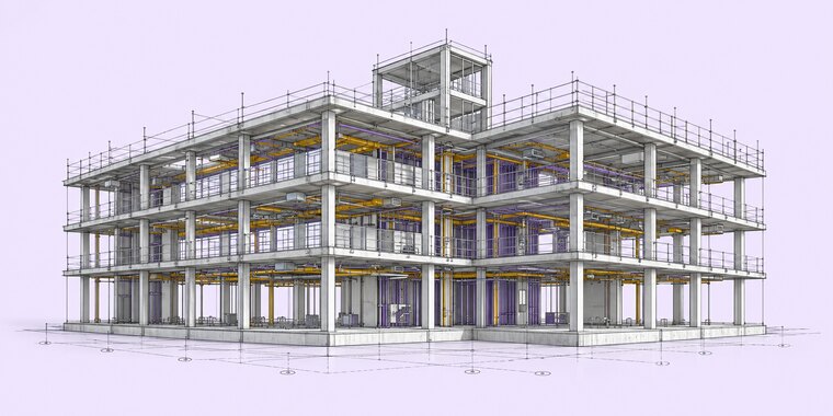 Illustration of a coordinated multi-storey BIM model, with the concrete frame modelled alongside the services running through each floor