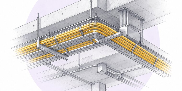 Illustration of electrical containment, cable tray and conduit carrying cables beneath a concrete soffit