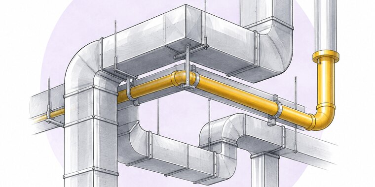 Illustration of a mechanical ductwork assembly with bends, branch connections, a service pipe and hanger supports