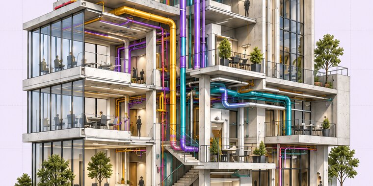 Illustration of a cutaway building model with colour-coded mechanical, electrical and plumbing services running through occupied floors