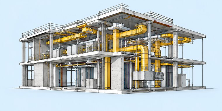 Illustration of a cutaway BIM model showing coordinated ductwork and building services routed between concrete floors