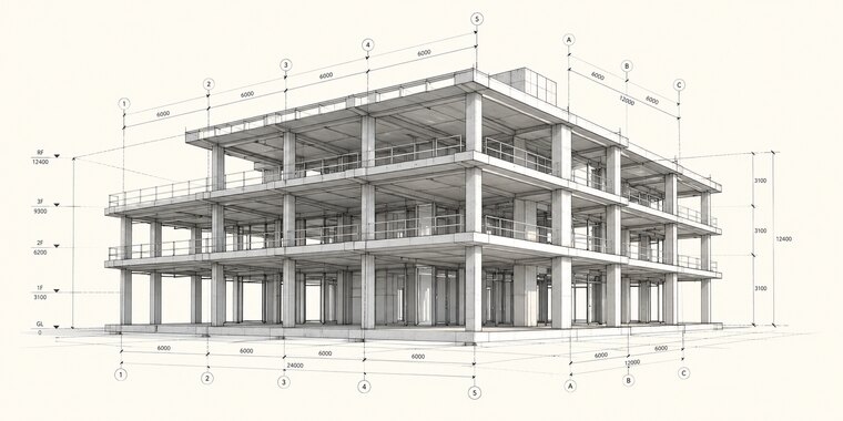 Illustration of a three-storey reinforced concrete frame modelled in BIM, with column grids, level markers and setting-out dimensions