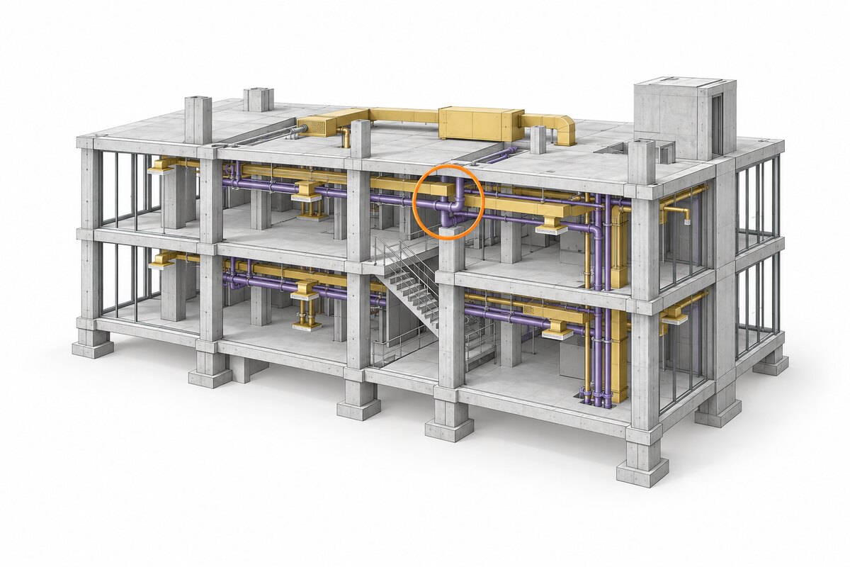 Illustration of the same building model with its structural frame shown alongside gold ductwork and purple pipe runs, with one ring marking a point where two services intersect