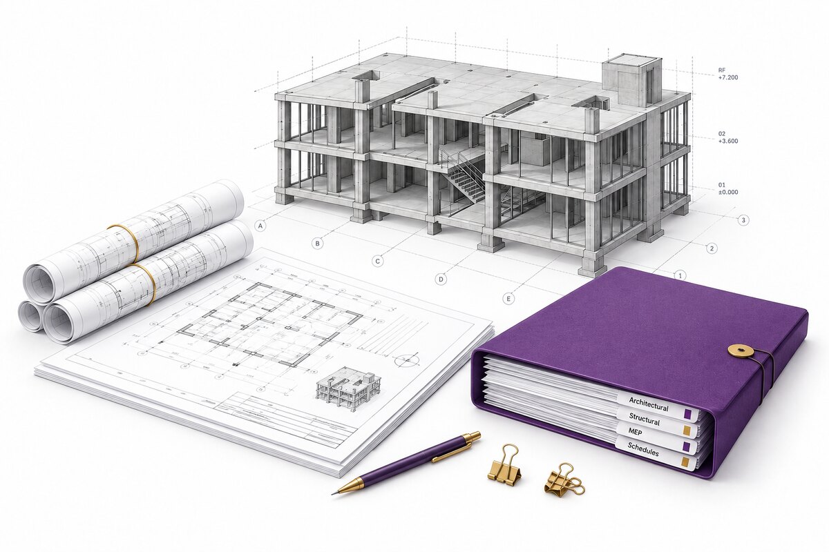 Illustration of a project handover set: the building model beside rolled and flat drawing sheets and a bound project folder