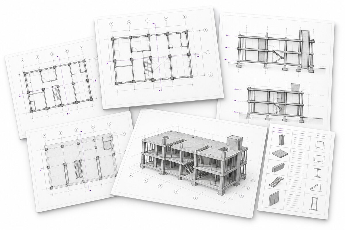 Illustration of drawing sheets produced from the same building model: floor plans, sections and a small component schedule, arranged in an overlapping set