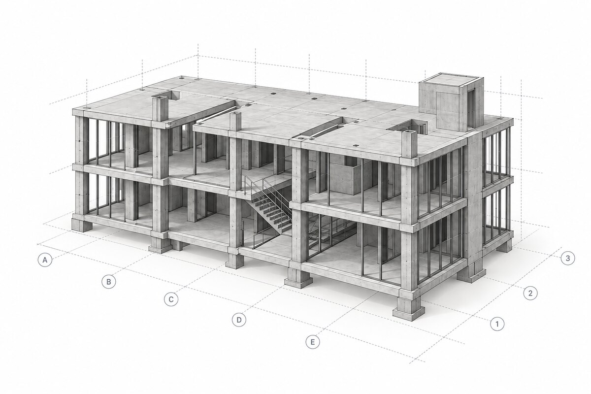 Illustration of a three-storey concrete frame building model, cut away to show columns, slabs and stairs, standing on a lettered and numbered setting-out grid