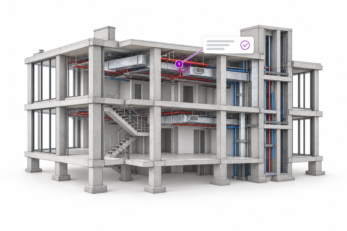 Illustration of a closer view of the same building with its services, showing a numbered issue pin linked to a small annotation slip