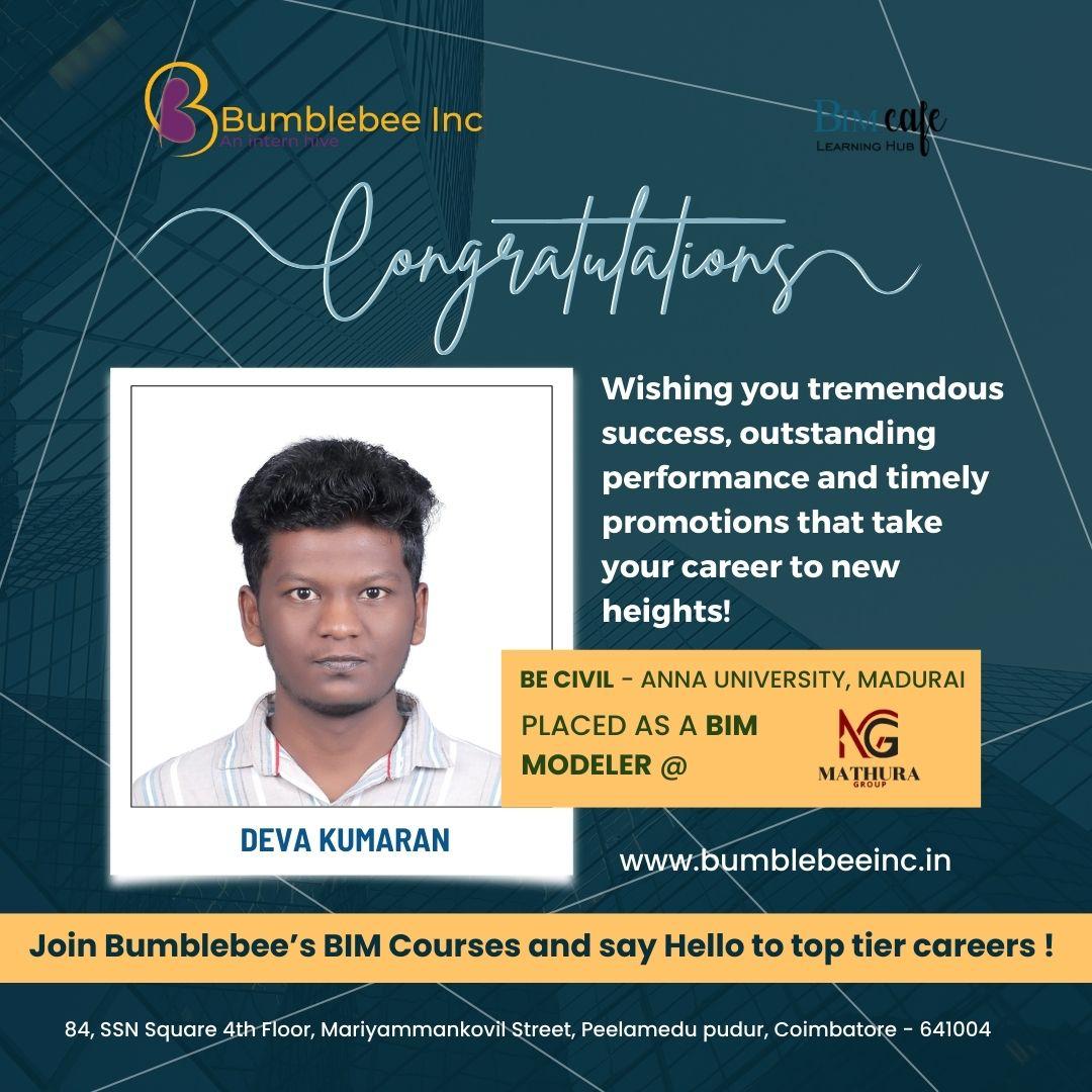 Deva Kumaran placed at Madura Group, BE CIVIL - ANNA UNIVERSITY MADURAI - BIM Modeler