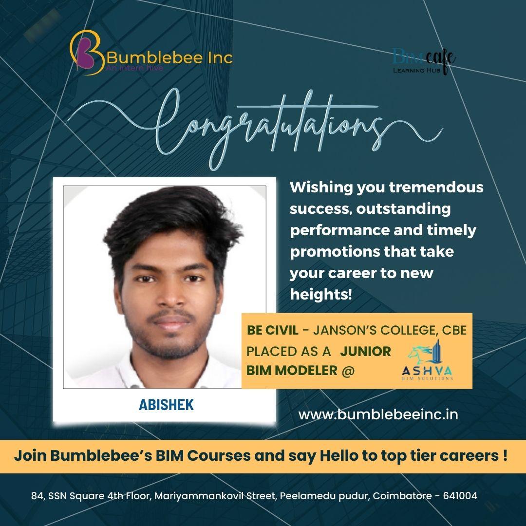 Abhishek placed at Ashva BIM Solutions, BE CIVIL - JANSON'S COLLEGE , CBE - Junior BIM Modeler