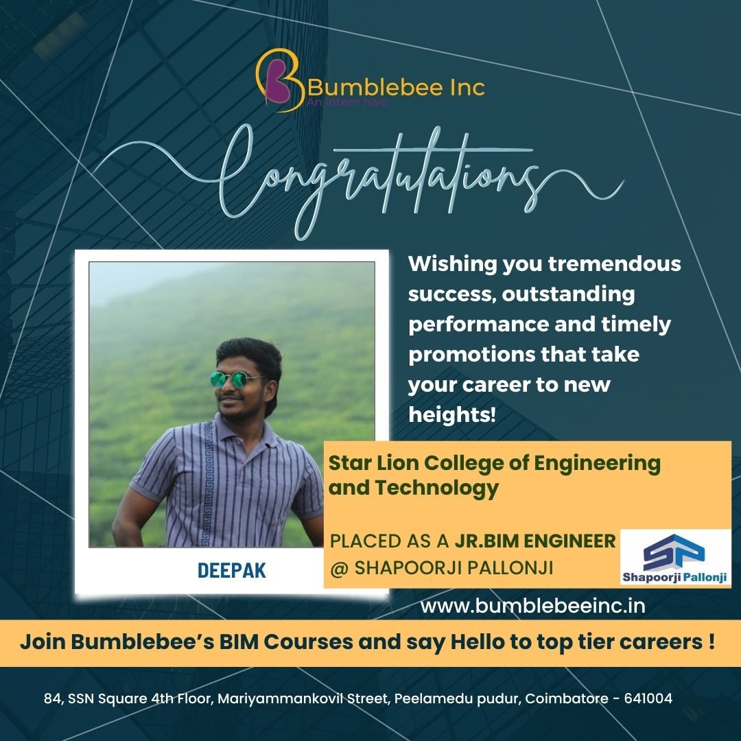 Deepak placed at Shapoorji Pallonji, Star Lion College of Engineering and Technology - Jr. BIM Engineer